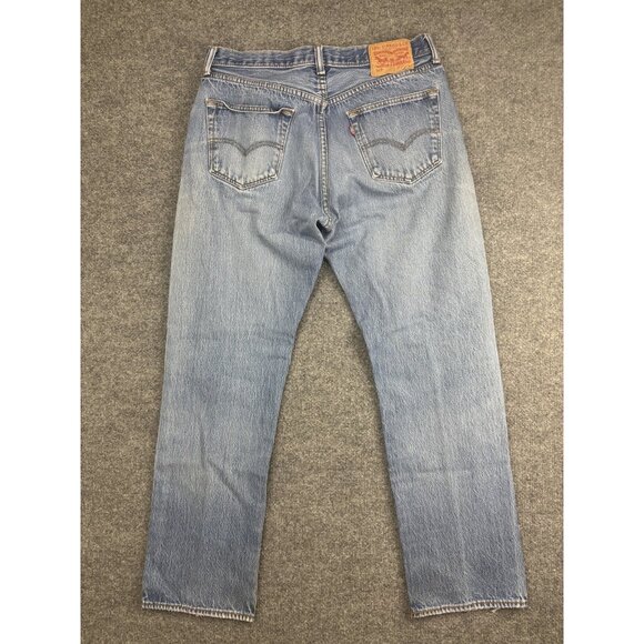 Levis 501 Jeans Mens 35x34 Blue Button Fly Straight Leg Distressed Faded Denim - Picture 8 of 11